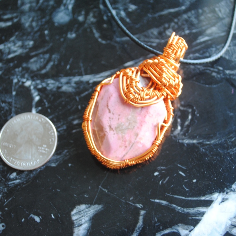 handmade rhodonite copper wire wrap pendant
